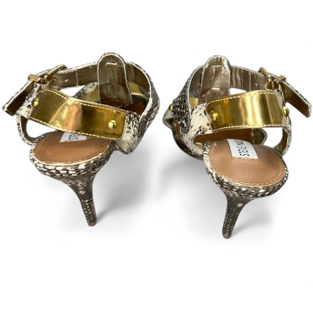 Steve Madden Snake print & Gold T-Strap Dress Sandals baddie sexy Reya Natural - Picture 5 of 6